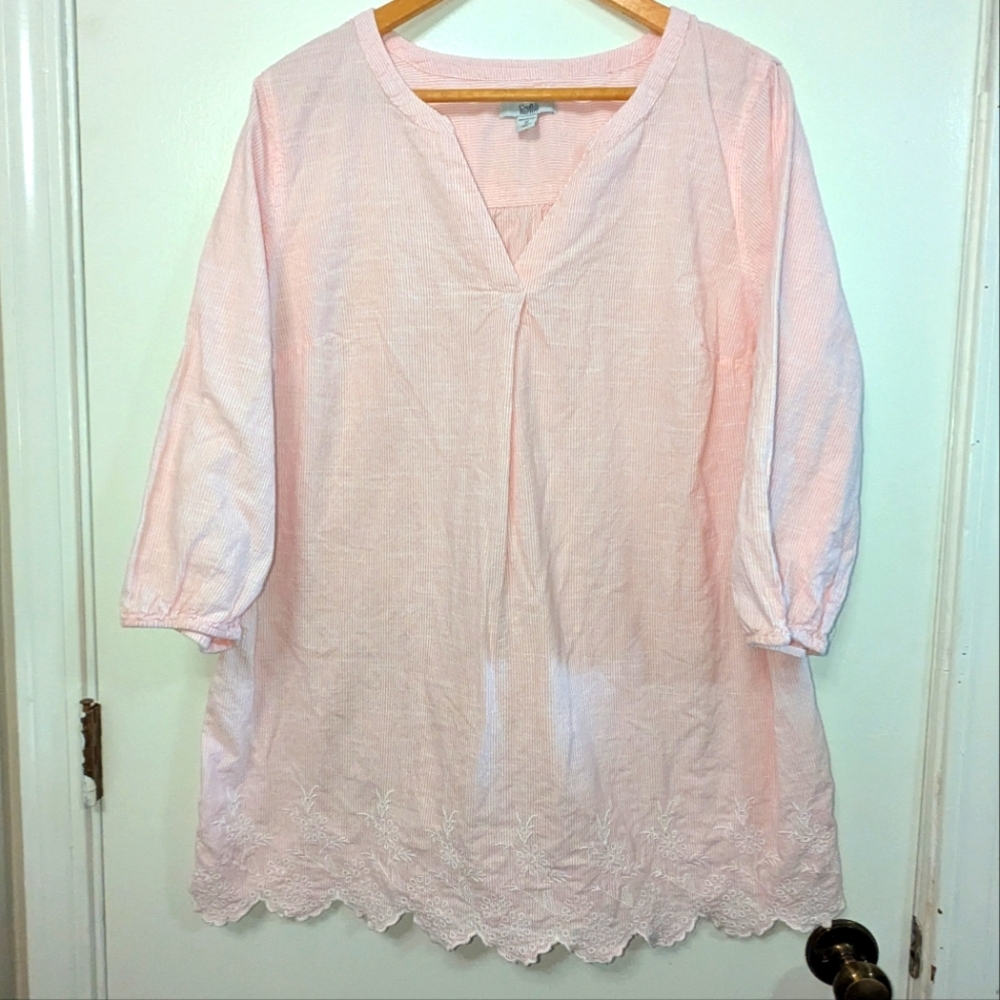 Pink And White Stripe Top With Embroidered Hem And 3/4 Sleeves 271